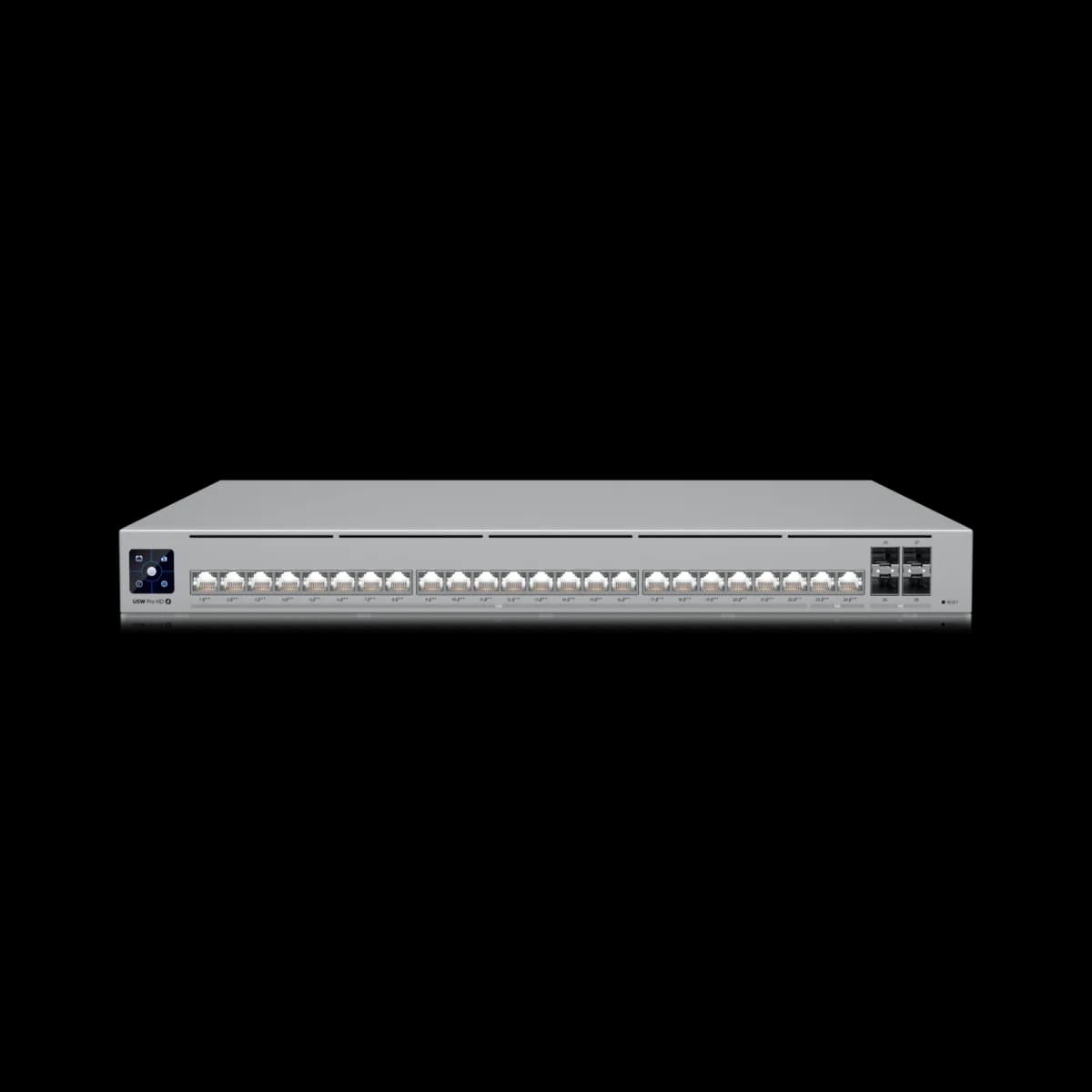 UniFi Pro HD 24 PoE switch, a 1U unit with 24 RJ45 ports and four SFP+ cages