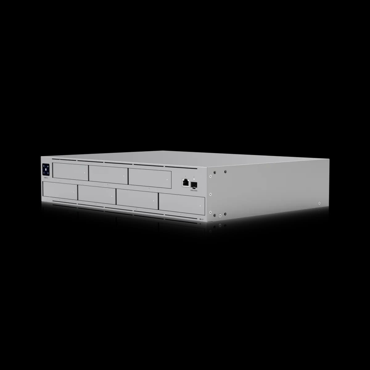 UniFi UNAS Pro, a 2U rack-mount NAS with seven drive trays and a small front touchscreen